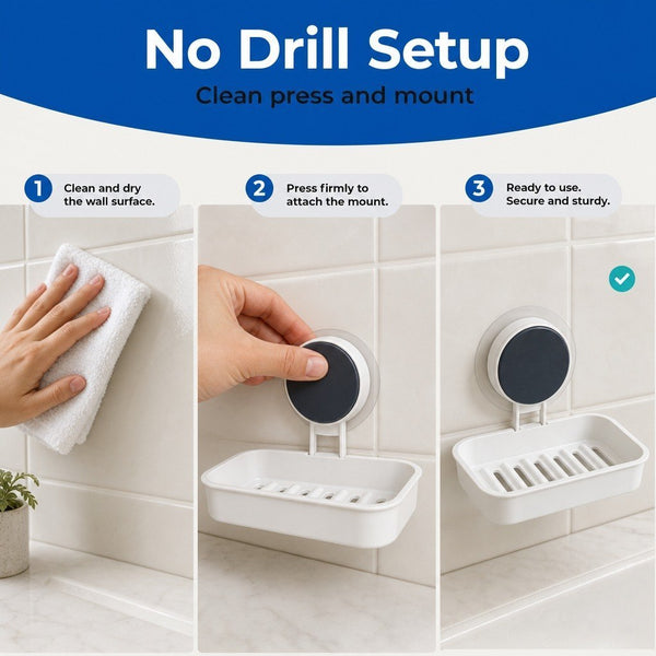 HUPLA Wall Mounted Soap Holder with Suction Cup | No-Drill Bathroom Soap Dish with Raised Drainage Base | White – 1 Piece