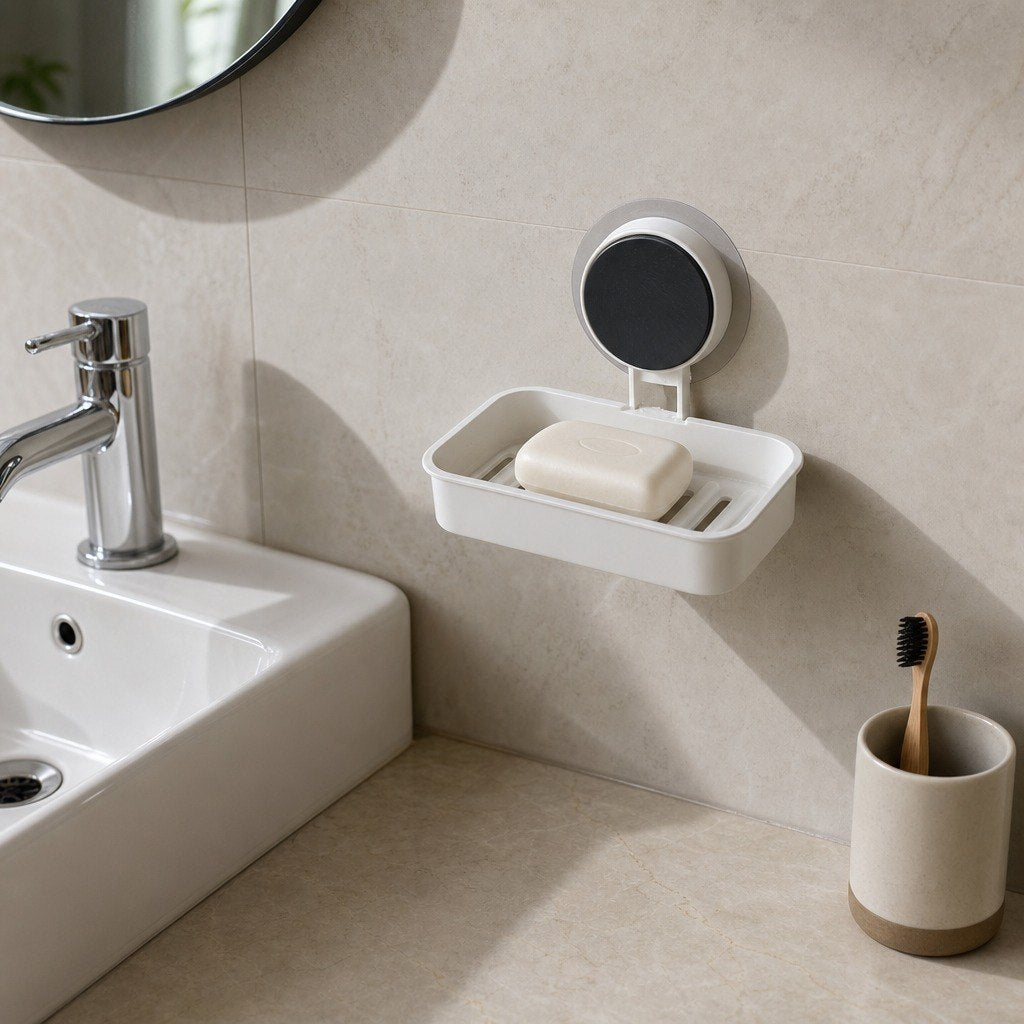 HUPLA Wall Mounted Soap Holder with Suction Cup | No-Drill Bathroom Soap Dish with Raised Drainage Base | White – 1 Piece