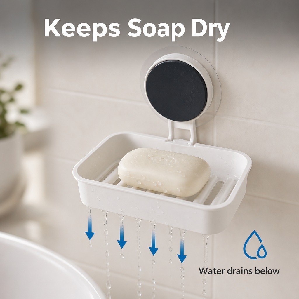 HUPLA Wall Mounted Soap Holder with Suction Cup | No-Drill Bathroom Soap Dish with Raised Drainage Base | White – 1 Piece