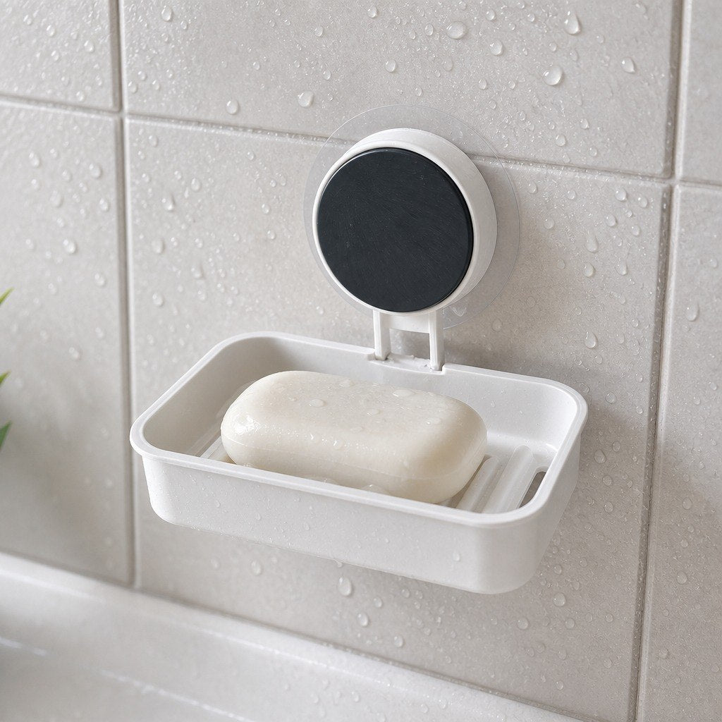 HUPLA Wall Mounted Soap Holder with Suction Cup | No-Drill Bathroom Soap Dish with Raised Drainage Base | White – 1 Piece