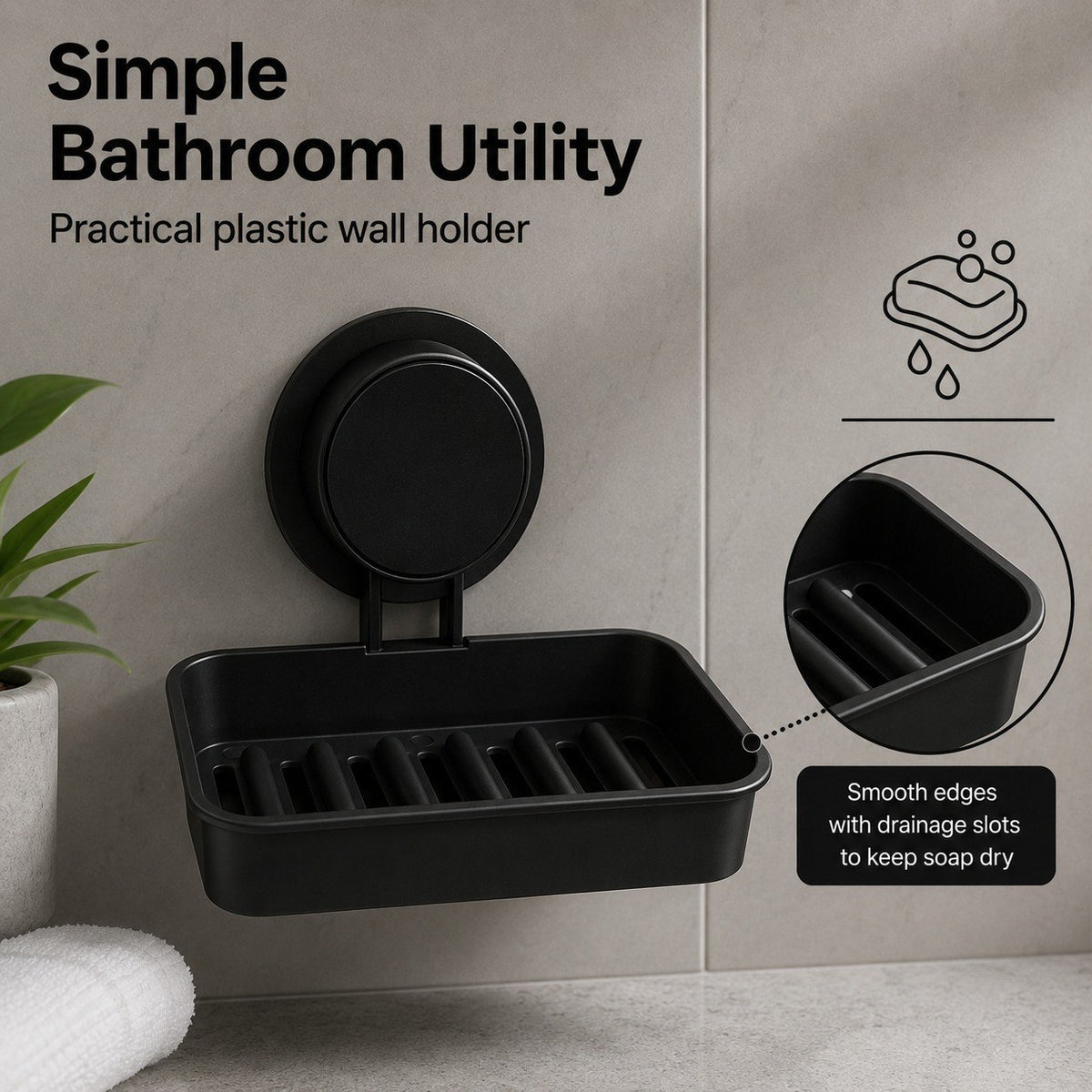 HUPLA Black Wall Mounted Soap Holder with Suction Cup | No-Drill Bathroom Soap Dish with Raised Drainage Base | Space Saving Soap Organizer – 1 Piece