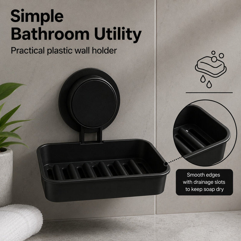HUPLA Black Wall Mounted Soap Holder with Suction Cup | No-Drill Bathroom Soap Dish with Raised Drainage Base | Space Saving Soap Organizer – 1 Piece