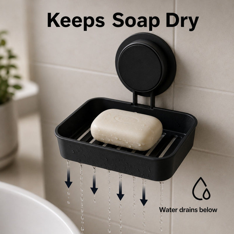 HUPLA Black Wall Mounted Soap Holder with Suction Cup | No-Drill Bathroom Soap Dish with Raised Drainage Base | Space Saving Soap Organizer – 1 Piece