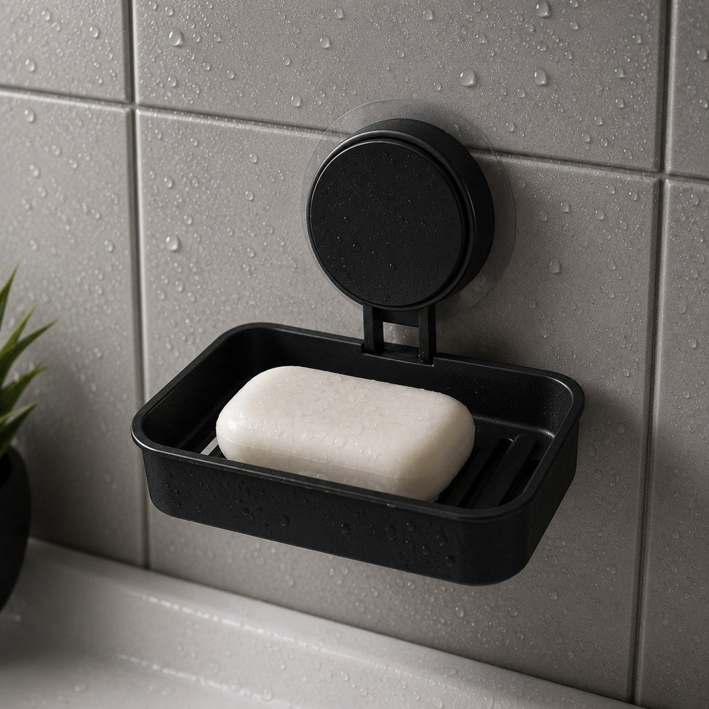 HUPLA Black Wall Mounted Soap Holder with Suction Cup | No-Drill Bathroom Soap Dish with Raised Drainage Base | Space Saving Soap Organizer – 1 Piece