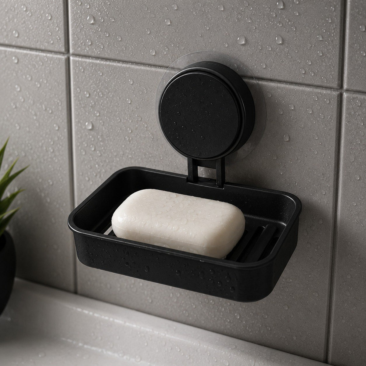 HUPLA Black Wall Mounted Soap Holder with Suction Cup | No-Drill Bathroom Soap Dish with Raised Drainage Base | Space Saving Soap Organizer – 1 Piece
