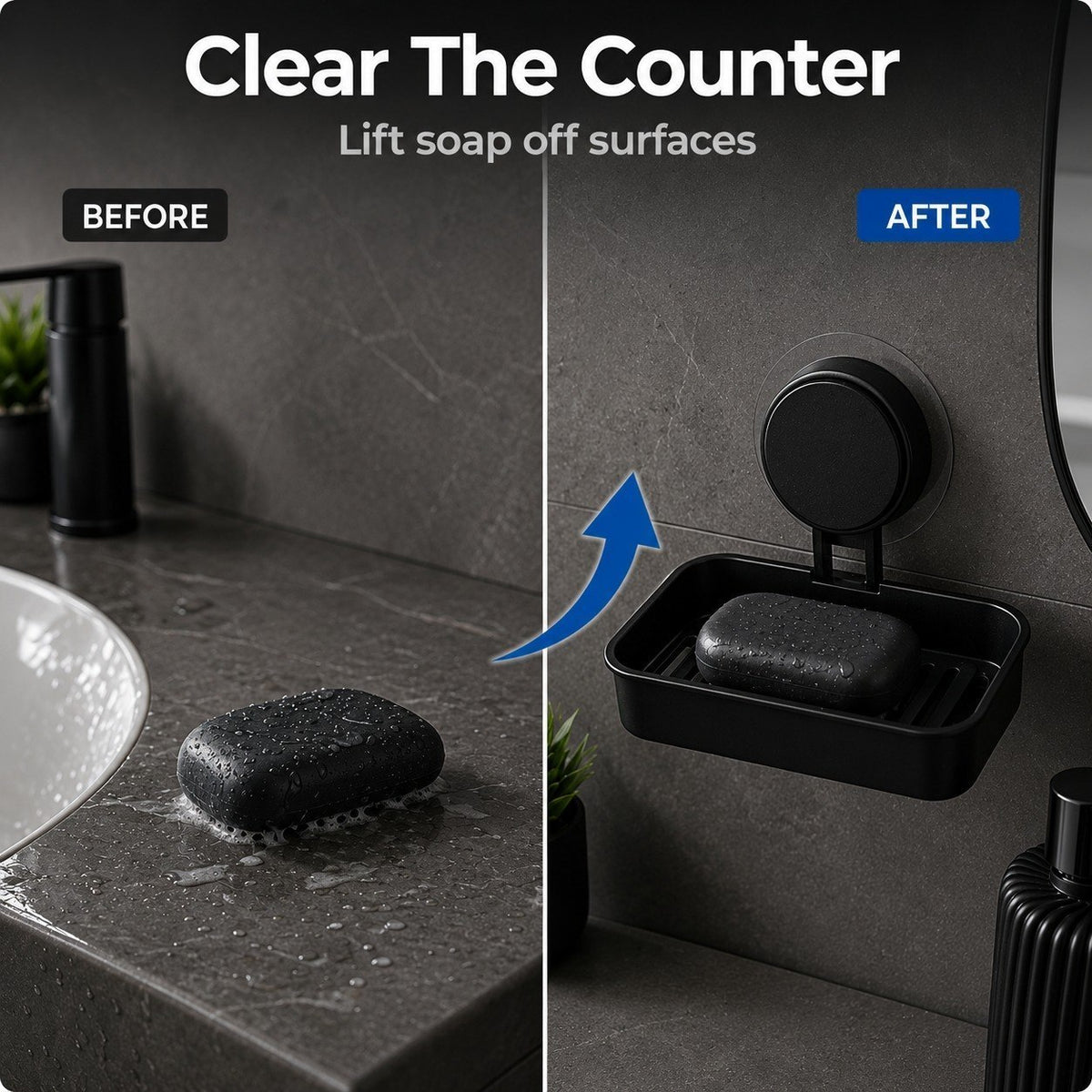 HUPLA Black Wall Mounted Soap Holder with Suction Cup | No-Drill Bathroom Soap Dish with Raised Drainage Base | Space Saving Soap Organizer – 1 Piece