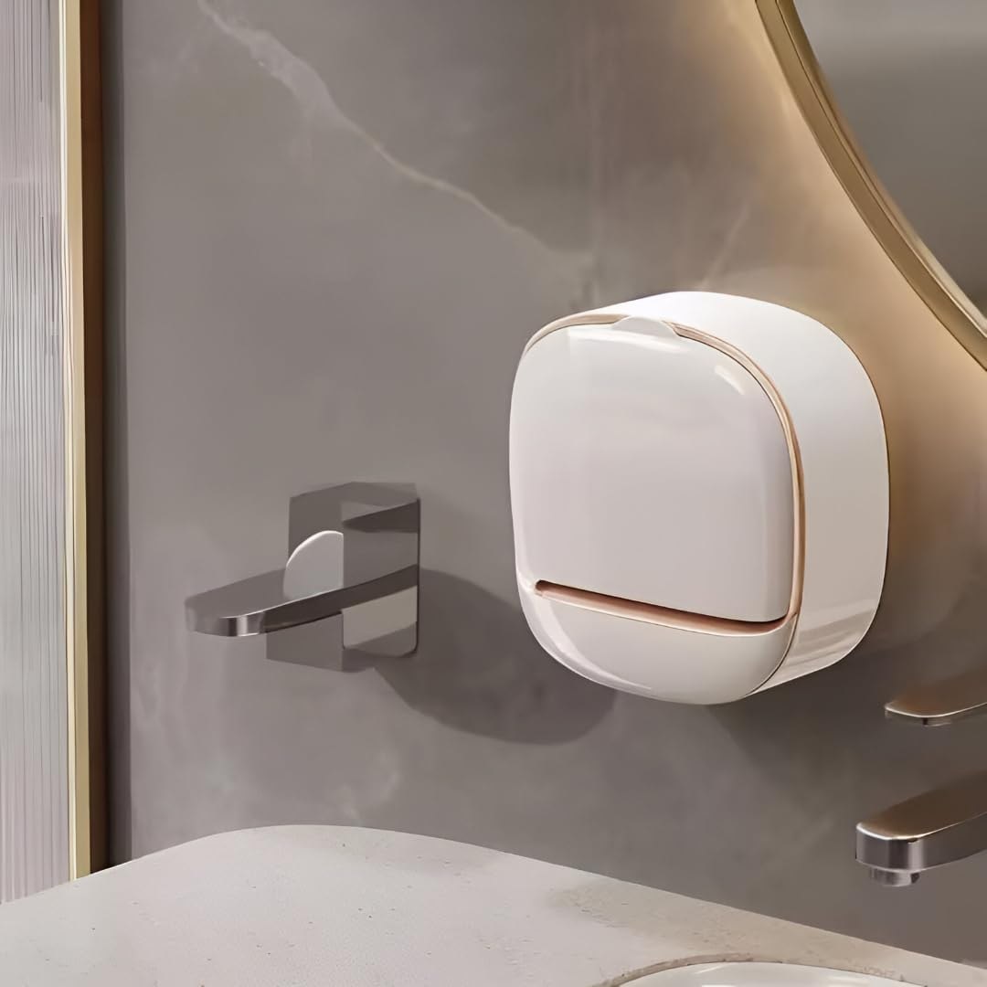 HUPLA Luxury Wall Mounted Soap Box with Cover | White & Rose Gold Bathroom Soap Holder | Modern Covered Soap Storage Organizer – 1 Piece