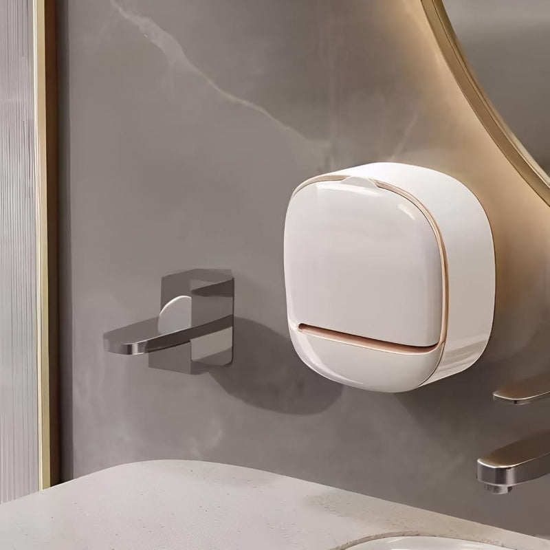 HUPLA Luxury Wall Mounted Soap Box with Cover | White & Rose Gold Bathroom Soap Holder | Modern Covered Soap Storage Organizer – 1 Piece