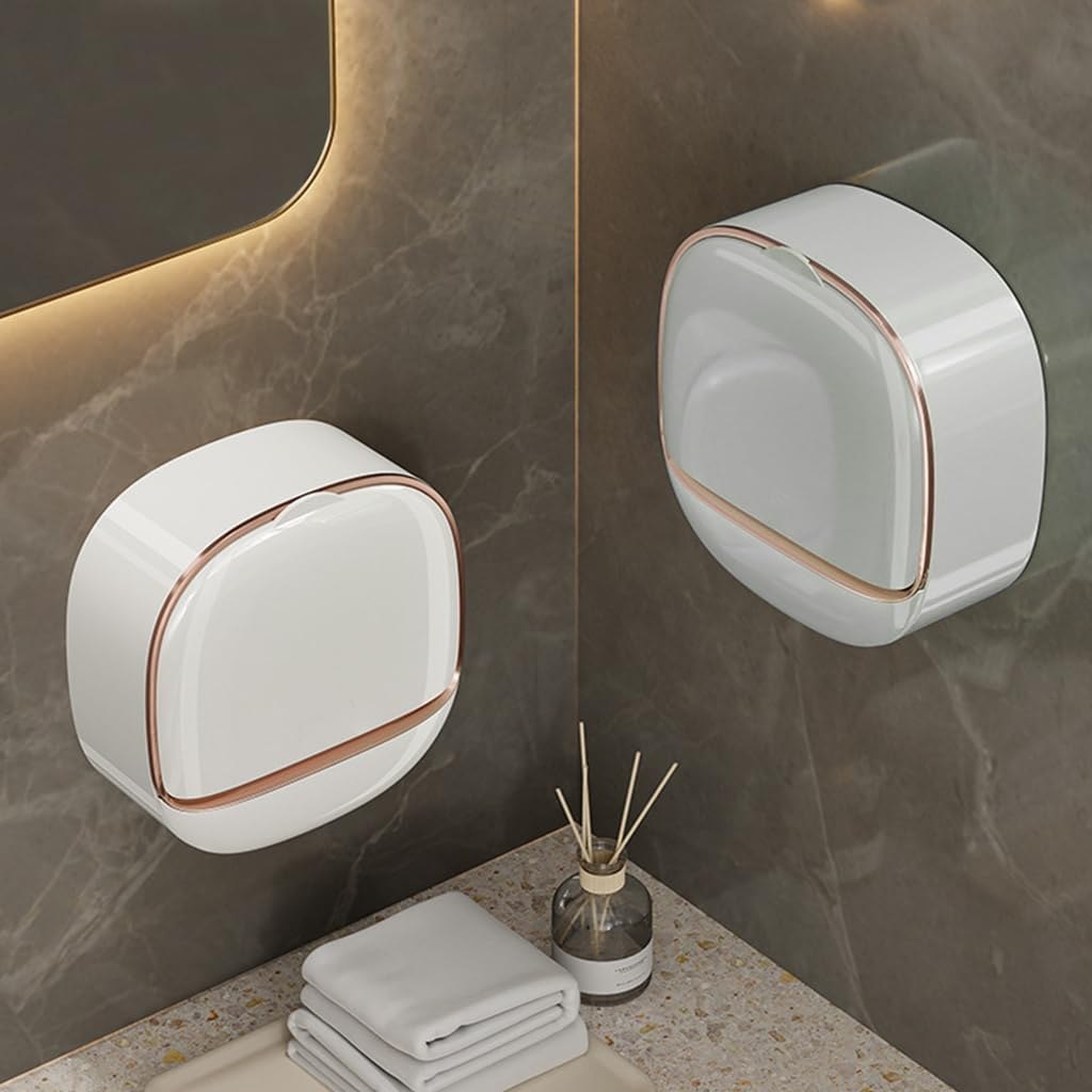 HUPLA Luxury Wall Mounted Soap Box with Cover | White & Rose Gold Bathroom Soap Holder | Modern Covered Soap Storage Organizer – 1 Piece