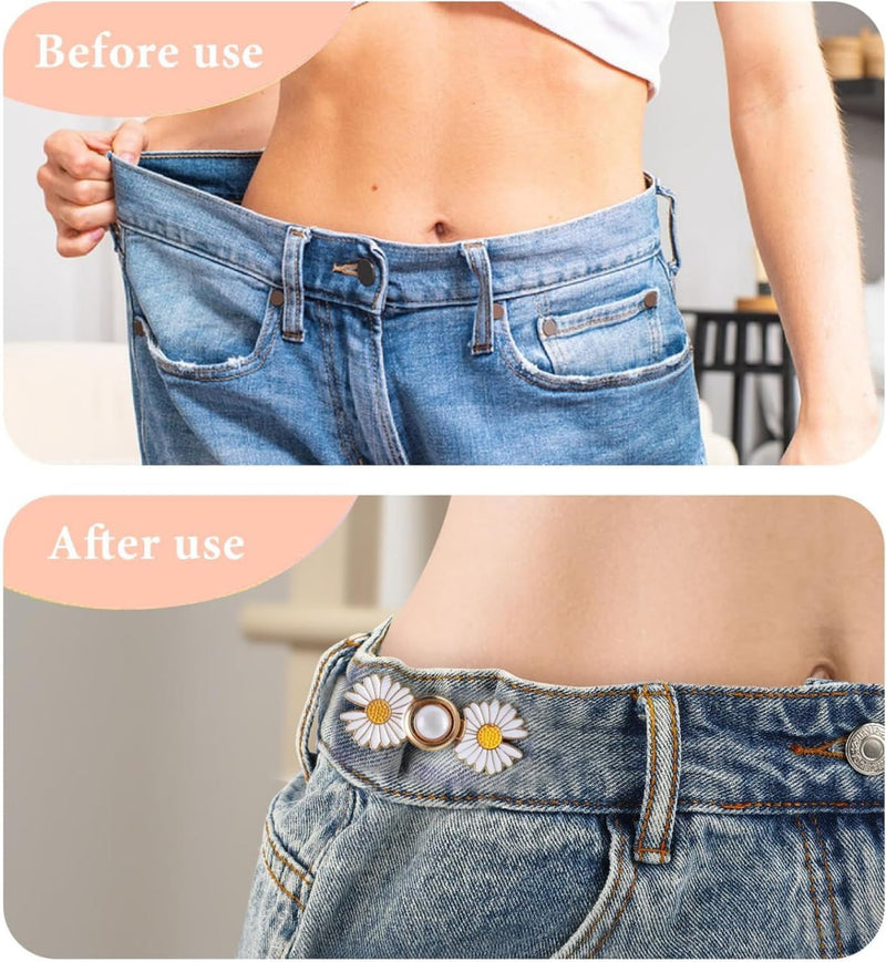 Daisy Flower Jeans Waist Button Set – Black & White Decorative Adjustable Waist Buttons for Jeans, Pants & Skirts | Pack of 2