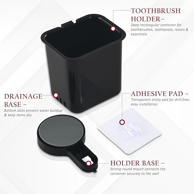 HUPLA Wall Mounted Multipurpose Storage Holder with Drainage | Bathroom Toothbrush Holder, Toothpaste Organizer & Makeup Brush Storage Cup | Black – 1 Piece