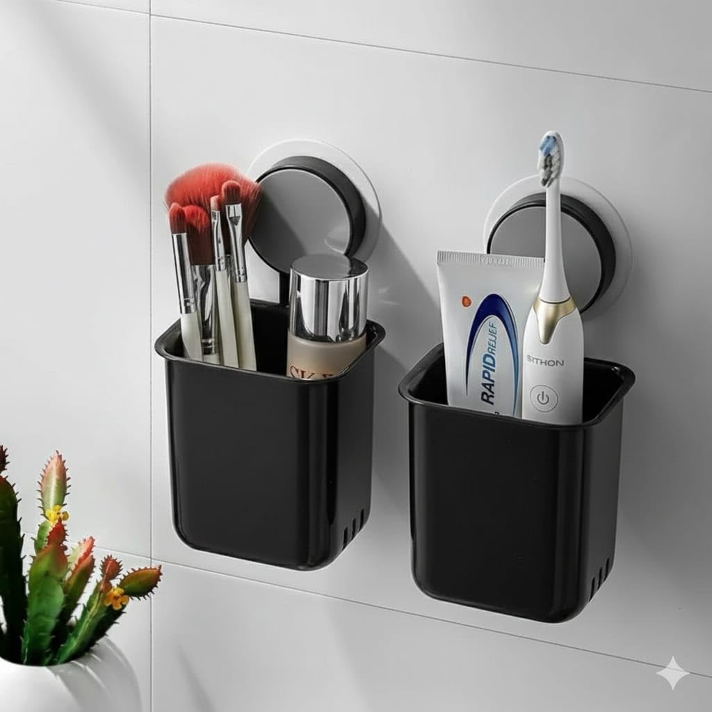 HUPLA Wall Mounted Multipurpose Storage Holder with Drainage | Bathroom Toothbrush Holder, Toothpaste Organizer & Makeup Brush Storage Cup | Black – 1 Piece