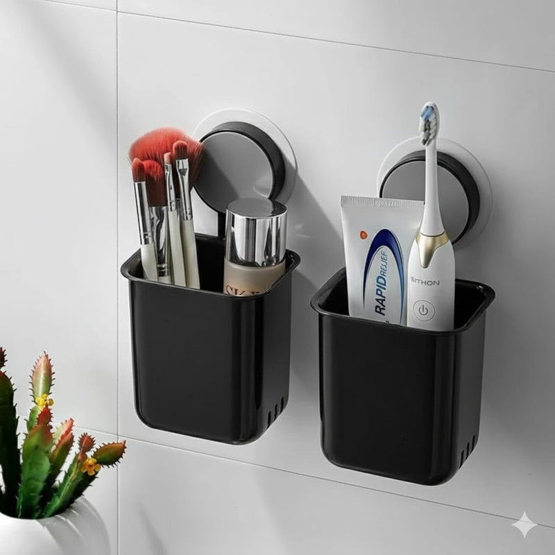 HUPLA Wall Mounted Multipurpose Storage Holder with Drainage | Bathroom Toothbrush Holder, Toothpaste Organizer & Makeup Brush Storage Cup | Black – 1 Piece