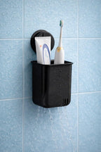 HUPLA Wall Mounted Multipurpose Storage Holder with Drainage | Bathroom Toothbrush Holder, Toothpaste Organizer & Makeup Brush Storage Cup | Black – 1 Piece