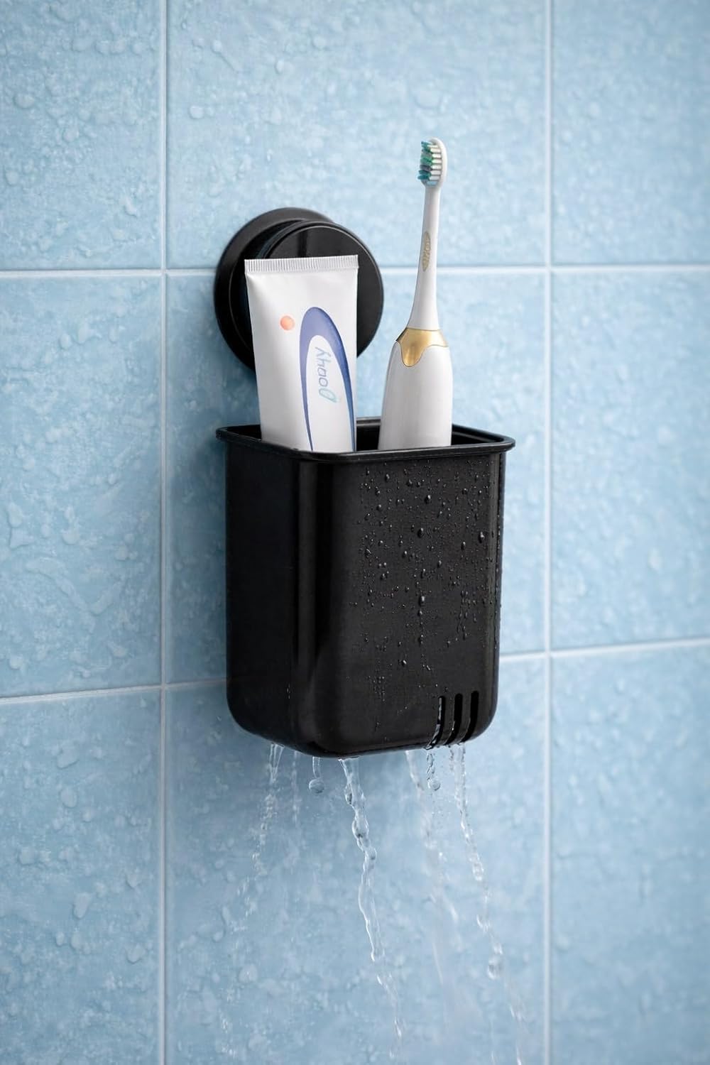 HUPLA Wall Mounted Multipurpose Storage Holder with Drainage | Bathroom Toothbrush Holder, Toothpaste Organizer & Makeup Brush Storage Cup | Black – 1 Piece