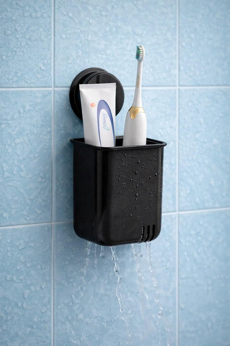 HUPLA Wall Mounted Multipurpose Storage Holder with Drainage | Bathroom Toothbrush Holder, Toothpaste Organizer & Makeup Brush Storage Cup | Black – 1 Piece