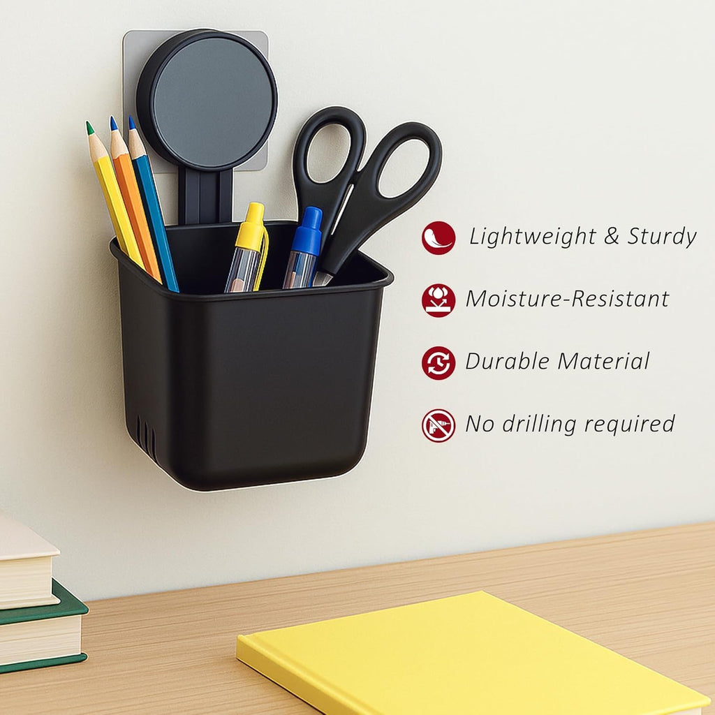 HUPLA Wall Mounted Multipurpose Storage Holder with Drainage | Bathroom Toothbrush Holder, Toothpaste Organizer & Makeup Brush Storage Cup | Black – 1 Piece