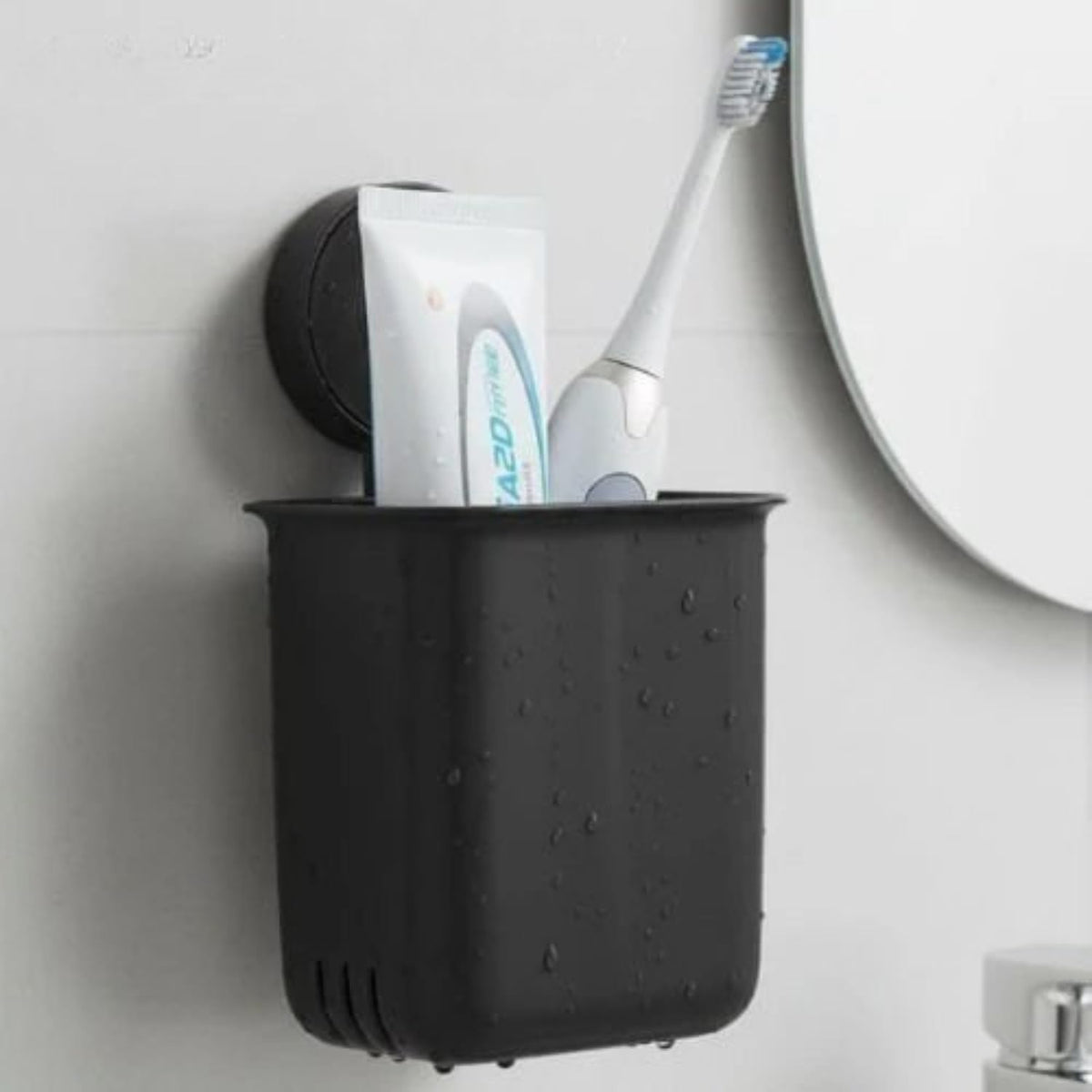 HUPLA Wall Mounted Multipurpose Storage Holder with Drainage | Bathroom Toothbrush Holder, Toothpaste Organizer & Makeup Brush Storage Cup | Black – 1 Piece