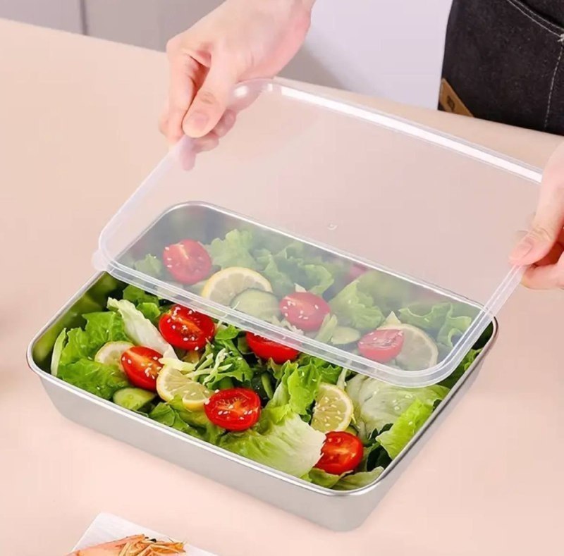 HUPLA Rectangular Stainless Steel Food Storage Container with Transparent Lid | Reusable Kitchen Storage Box for Salads, Fruits, Meals & Leftovers | Multipurpose Food Container – Silver