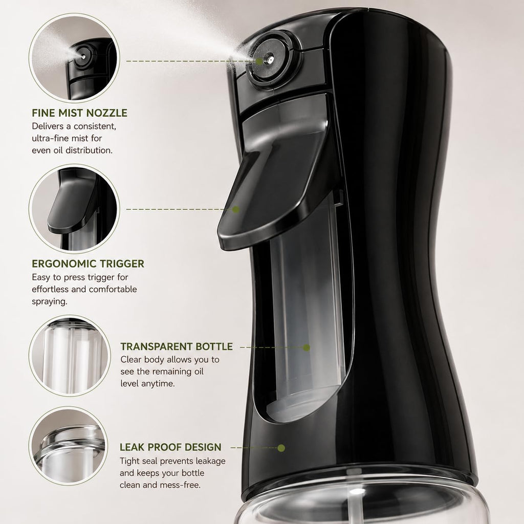 HUPLA Cooking Oil Spray Bottle | Fine Mist Oil Sprayer for Kitchen, Air Fryer, BBQ, Salad & Baking | Refillable Oil Dispenser – Black