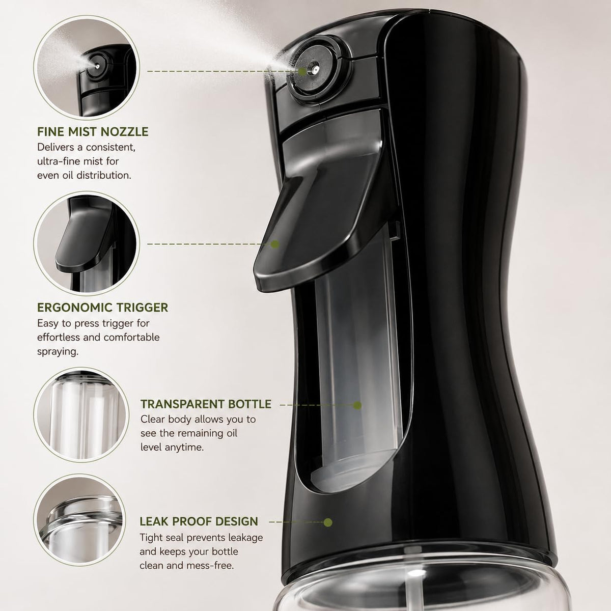 HUPLA Cooking Oil Spray Bottle | Fine Mist Oil Sprayer for Kitchen, Air Fryer, BBQ, Salad & Baking | Refillable Oil Dispenser – Black