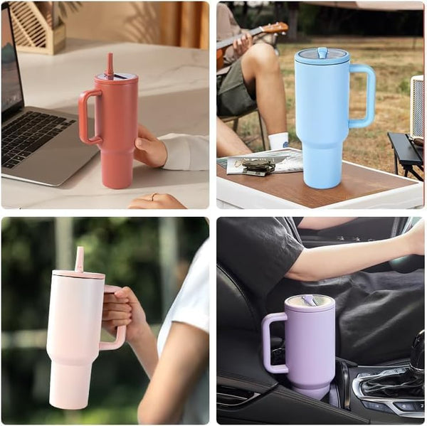 HUPLA Stainless Steel Insulated Travel Tumbler with Handle, Lid & Straw | Double Wall Vacuum Water Bottle for Hot & Cold Drinks | Reusable Coffee Mug – Cream
