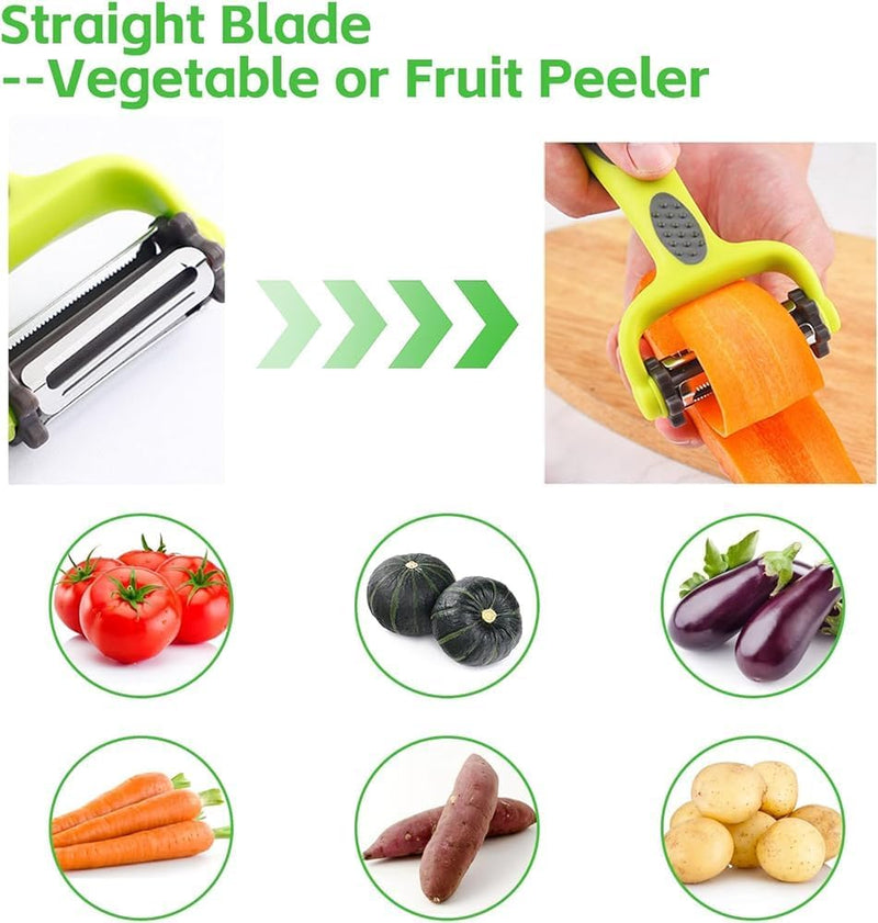 HUPLA 3-in-1 Vegetable Peeler & Julienne Slicer | Multifunction Stainless Steel Blade Peeler for Potato, Carrot, Cucumber & Vegetables | Ergonomic Kitchen Tool – Green