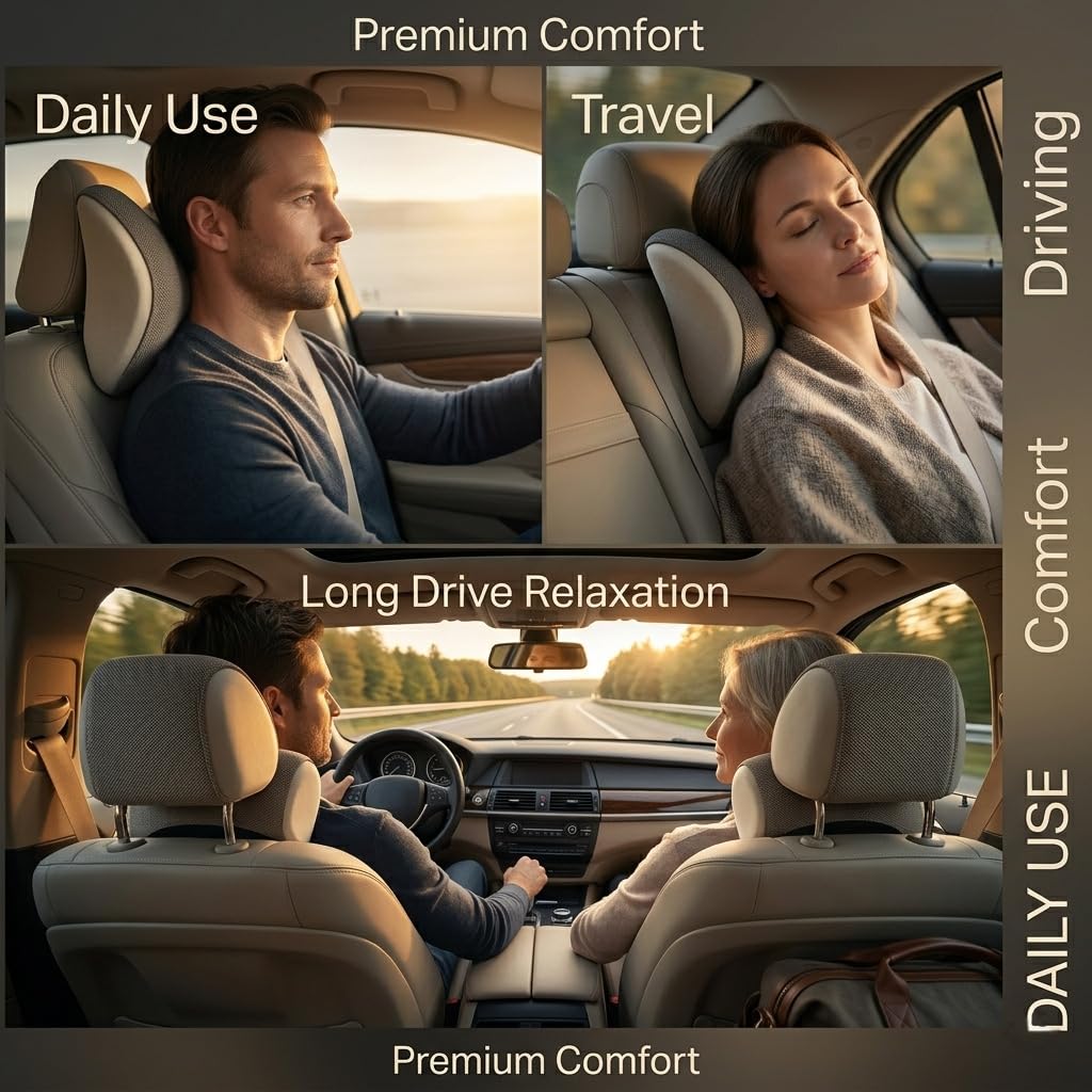 HUPLA Ergonomic Car Neck & Upper Back Support Cushion | Contoured Memory Foam-Style Headrest Pillow for Driving Comfort – Black