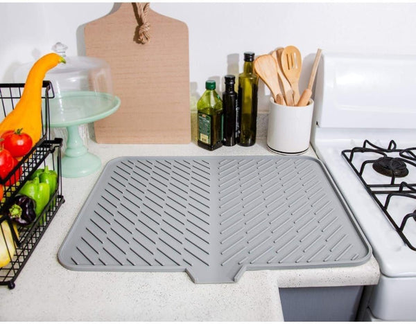 HUPLA Kitchen Sink Draining Mat with Water Drain Spout | Large Dish Drying Mat for Plates, Cups, Glasses & Utensils | Countertop Water Drainage Mat – Grey