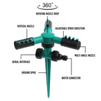 HUPLA 3-Arm Rotating Garden Sprinkler | 360° Lawn Water Sprinkler with Ground Spike for Garden, Plants & Irrigation