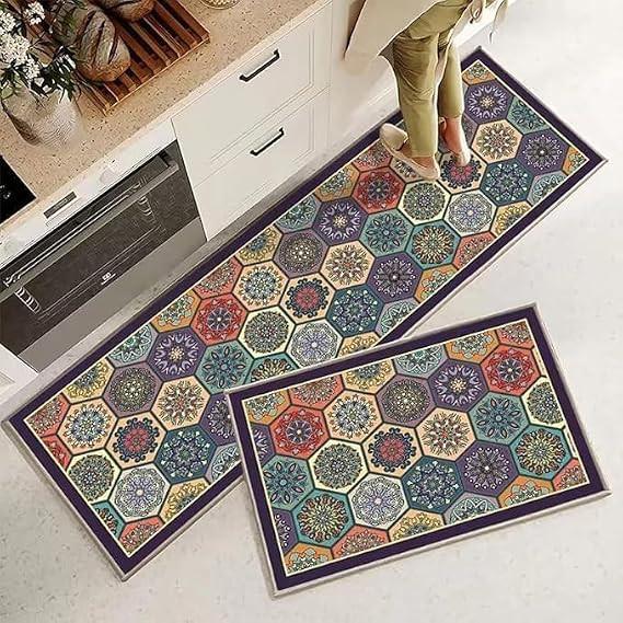 HUPLA Multicolour Printed Kitchen Floor Mat & Runner | Decorative Geometric Mandala Design Kitchen Rug for Sink, Countertop & Home Entrance | Rectangular Floor Mat