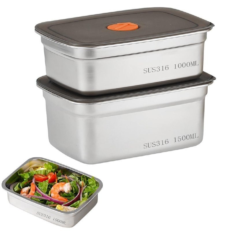 HUPLA SUS316 Stainless Steel Food Storage Container with Lid | 1000ml & 1500ml Rectangular Lunch Box for Food, Snacks & Leftovers | Stackable Kitchen Storage Box – Silver