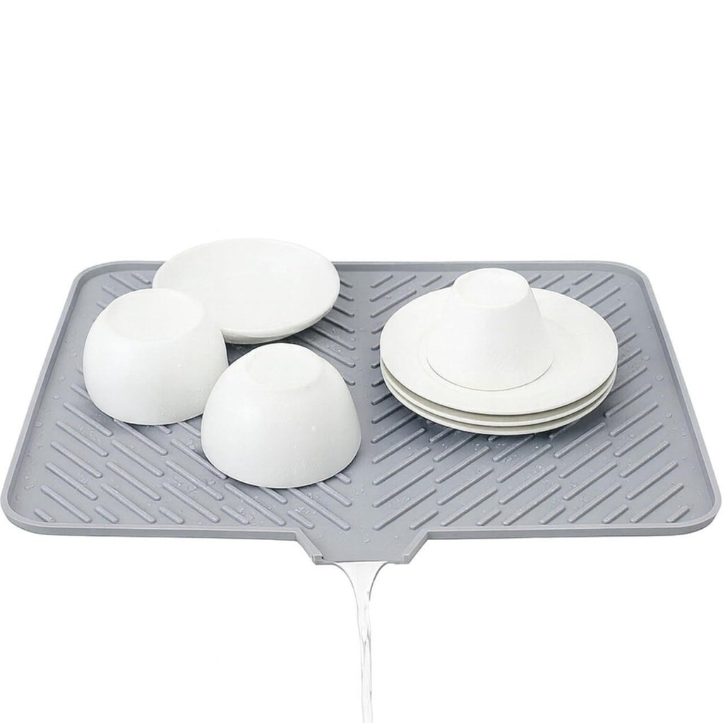 HUPLA Kitchen Sink Draining Mat with Water Drain Spout | Large Dish Drying Mat for Plates, Cups, Glasses & Utensils | Countertop Water Drainage Mat – Grey