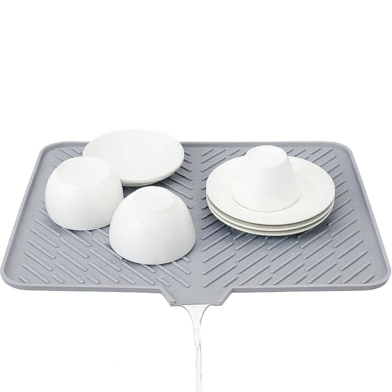 HUPLA Kitchen Sink Draining Mat with Water Drain Spout | Large Dish Drying Mat for Plates, Cups, Glasses & Utensils | Countertop Water Drainage Mat – Grey