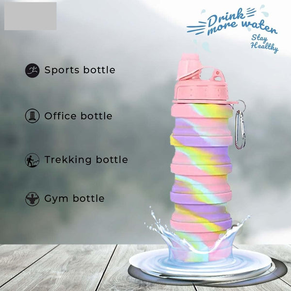 HUPLA Rainbow Collapsible Silicone Water Bottle for Kids | Foldable Reusable Drinking Bottle with Straw Lid & Carrying Clip | Portable Water Bottle for School, Travel & Outdoor Activities – Multicolour