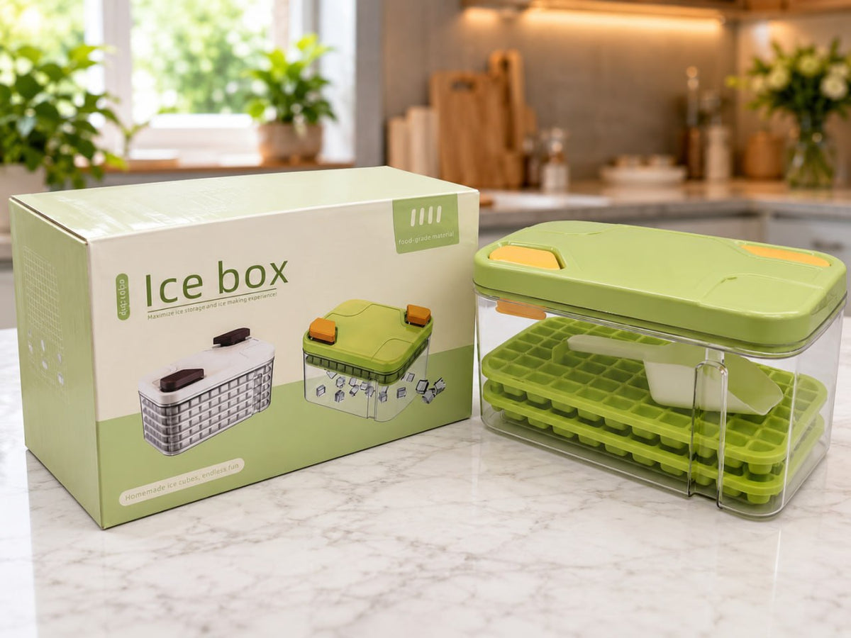 HUPLA Ice Cube Maker Box with Lid & Storage Container | Stackable Ice Cube Trays with Ice Scoop | Reusable Freezer Ice Storage Organizer for Home, Kitchen & Parties – Green