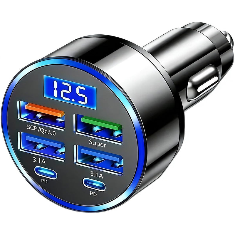 HUPLA 6-Port USB Car Charger with Digital Voltage Display | 4 USB-A + 2 USB-C PD Charging Ports | QC 3.0 Multi-Port Car Charging Adapter for Mobile Phones & Gadgets – Black