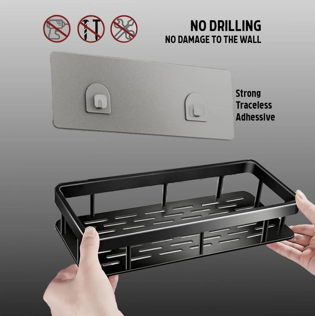 HUPLA Wall Mounted Bathroom Storage Shelf | Self-Adhesive No-Drill Bathroom Organizer Rack with Drainage | Shampoo, Soap & Toiletry Storage Shelf – Black