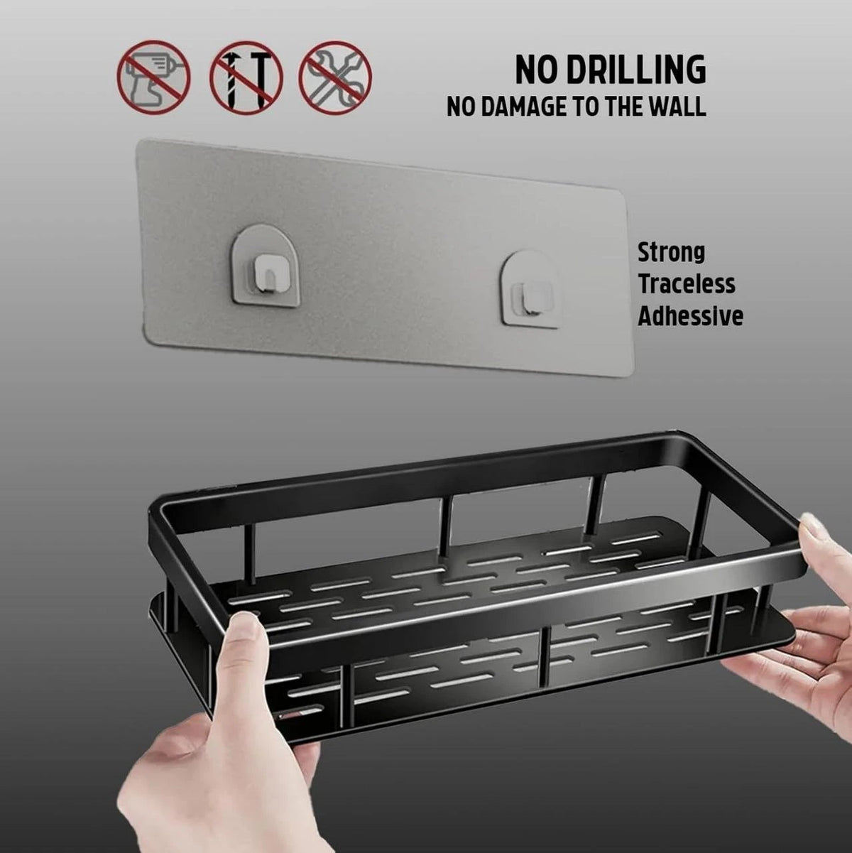 HUPLA Wall Mounted Bathroom Storage Shelf | Self-Adhesive No-Drill Bathroom Organizer Rack with Drainage | Shampoo, Soap & Toiletry Storage Shelf – Black