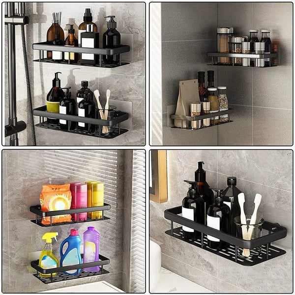 HUPLA Wall Mounted Bathroom Storage Shelf | Self-Adhesive No-Drill Bathroom Organizer Rack with Drainage | Shampoo, Soap & Toiletry Storage Shelf – Black