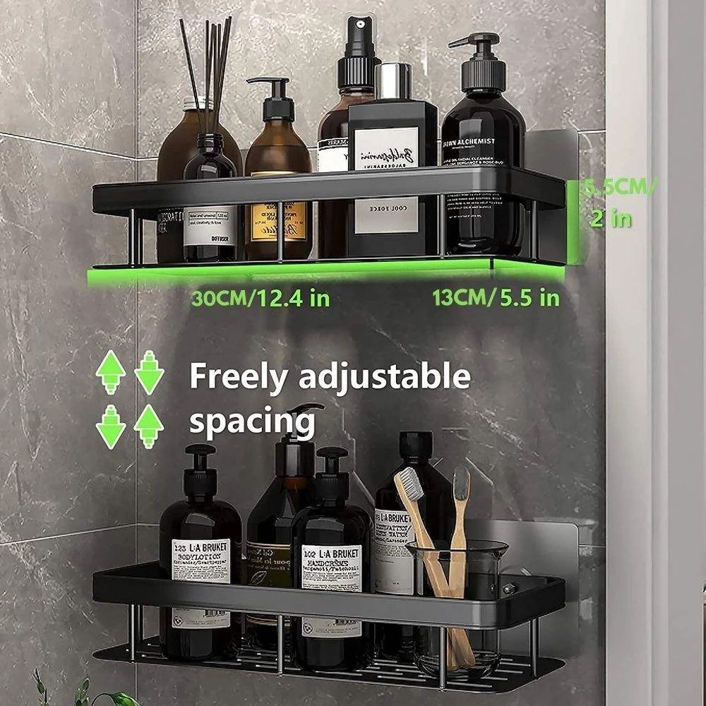 HUPLA Wall Mounted Bathroom Storage Shelf | Self-Adhesive No-Drill Bathroom Organizer Rack with Drainage | Shampoo, Soap & Toiletry Storage Shelf – Black