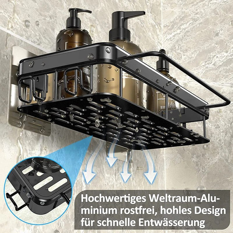 HUPLA Wall Mounted Bathroom Storage Shelf | Self-Adhesive No-Drill Bathroom Organizer Rack with Drainage | Shampoo, Soap & Toiletry Storage Shelf – Black