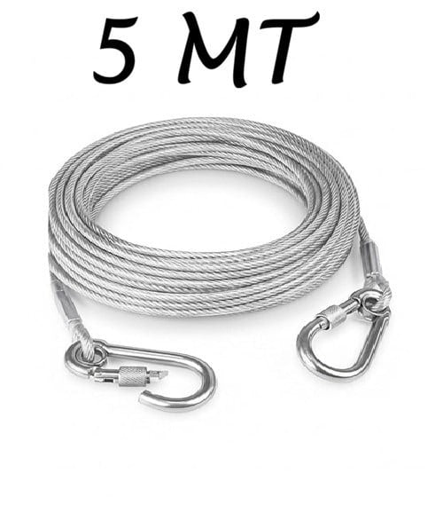 HUPLA 5 Meter Steel Wire Rope Cable with 2 Metal Hooks | Heavy-Duty Looking Braided Wire Cable with Locking Hook | Multipurpose Hanging & Securing Cable – Silver