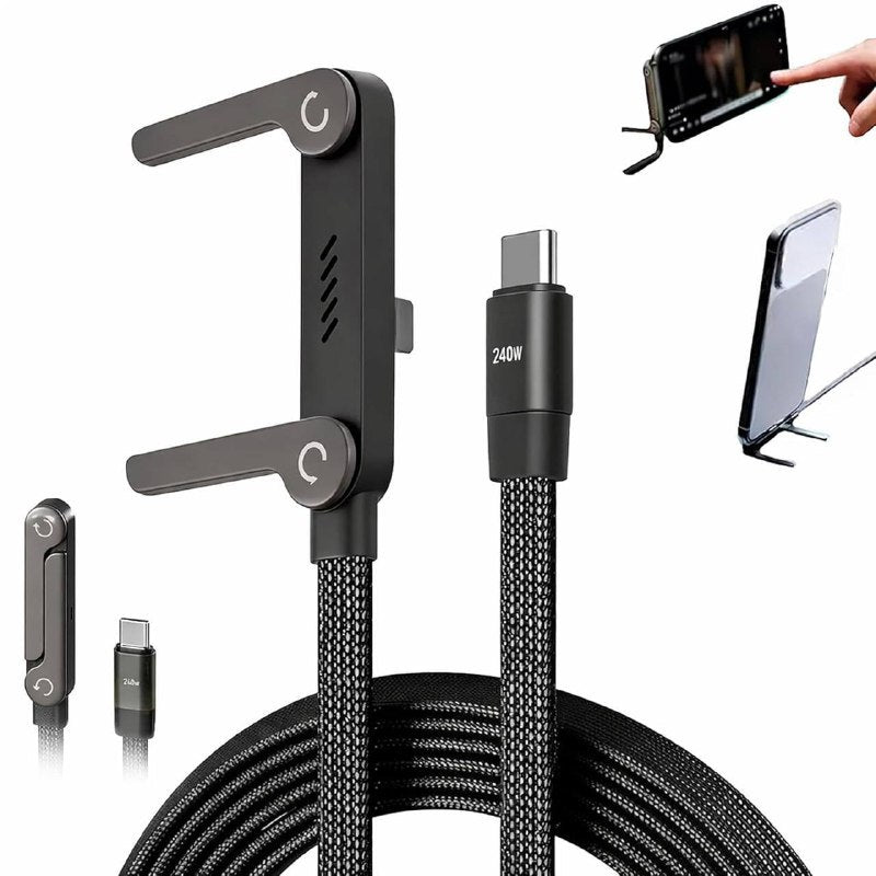 HUPLA 240W USB Type-C Fast Charging Cable with Built-in Foldable Mobile Stand | Braided USB-C to USB-C Charging & Data Cable | Black – 1 Pc