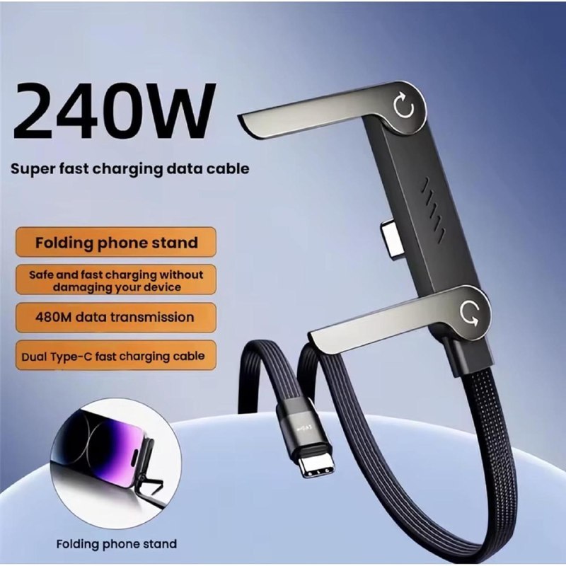 HUPLA 240W USB Type-C Fast Charging Cable with Built-in Foldable Mobile Stand | Braided USB-C to USB-C Charging & Data Cable | Black – 1 Pc