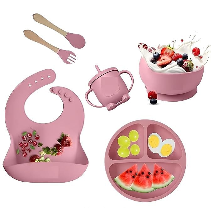 HUPLA Silicone Baby Feeding Bib with Food Catcher Pocket | Adjustable Waterproof Baby Bib with 4 Button Closures | Soft, Reusable & Easy to Clean Bib for Infants and Toddlers – Pink