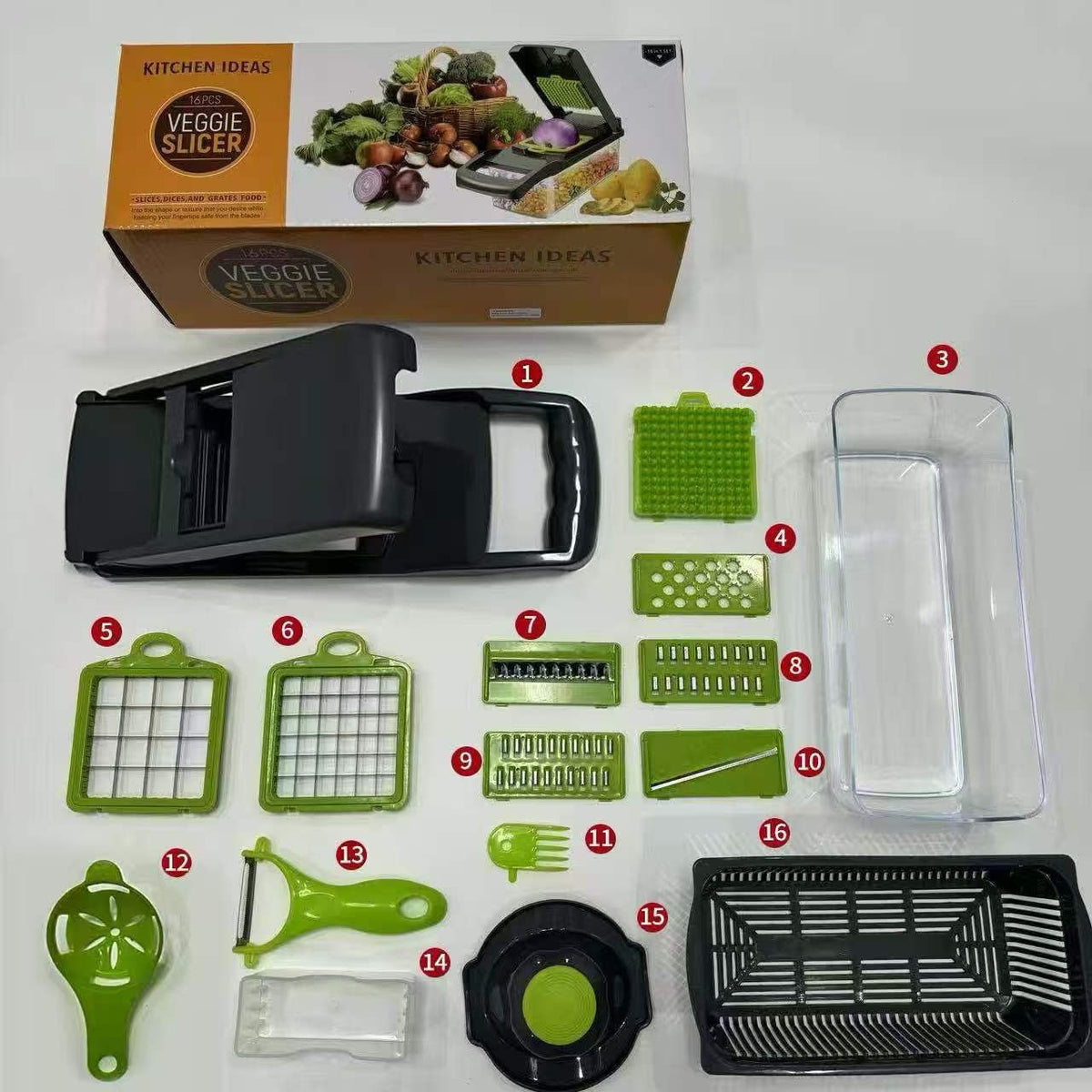 HUPLA 16-in-1 Multifunction Vegetable Chopper & Slicer with Container | Manual Veggie Cutter, Dicer, Grater, Julienne Slicer & Peeler | Kitchen Food Preparation Tool – Black & Green