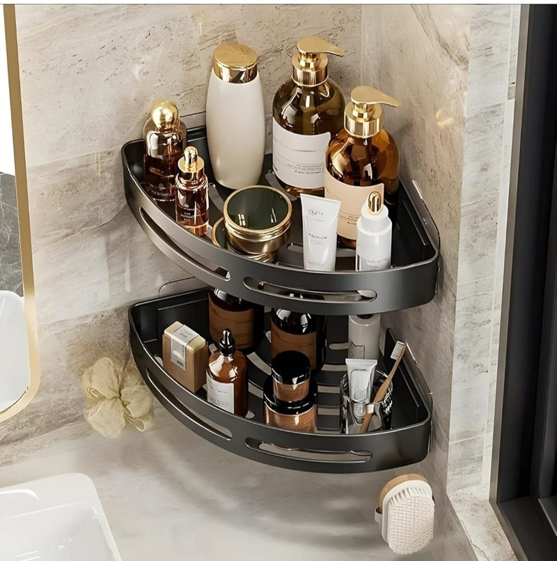 HUPLA Wall Mounted Corner Bathroom Shelf with Hooks & Drainage | Space-Saving Shower Caddy Organizer for Shampoo, Soap & Toiletries | Black