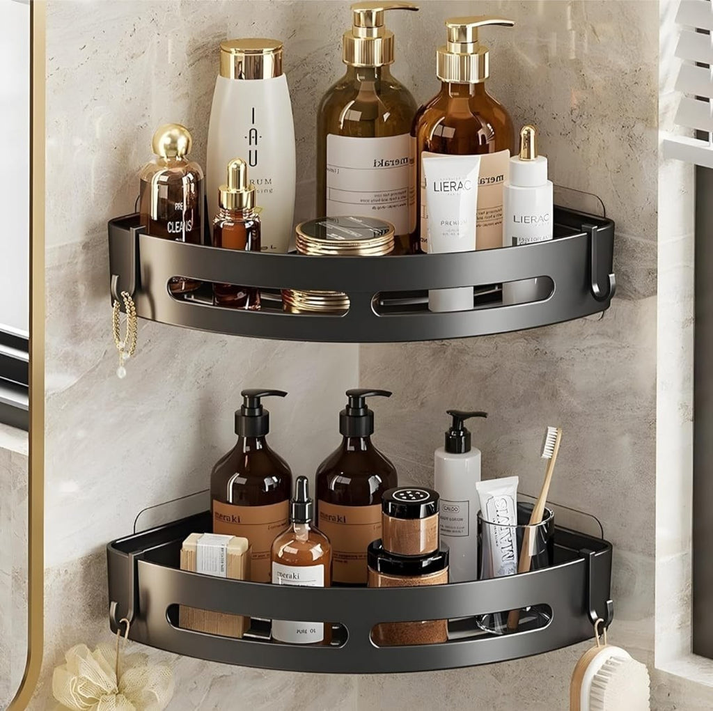 HUPLA Wall Mounted Corner Bathroom Shelf with Hooks & Drainage | Space-Saving Shower Caddy Organizer for Shampoo, Soap & Toiletries | Black