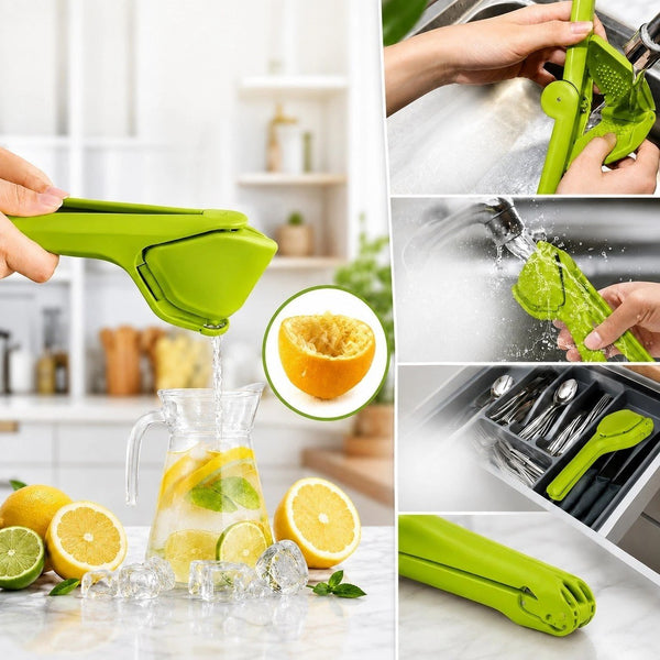 HUPLA Manual Lemon Squeezer with Juice Strainer | Handheld Citrus Juicer Press for Lemon, Lime & Small Citrus Fruits | Easy Grip Kitchen Tool – Green